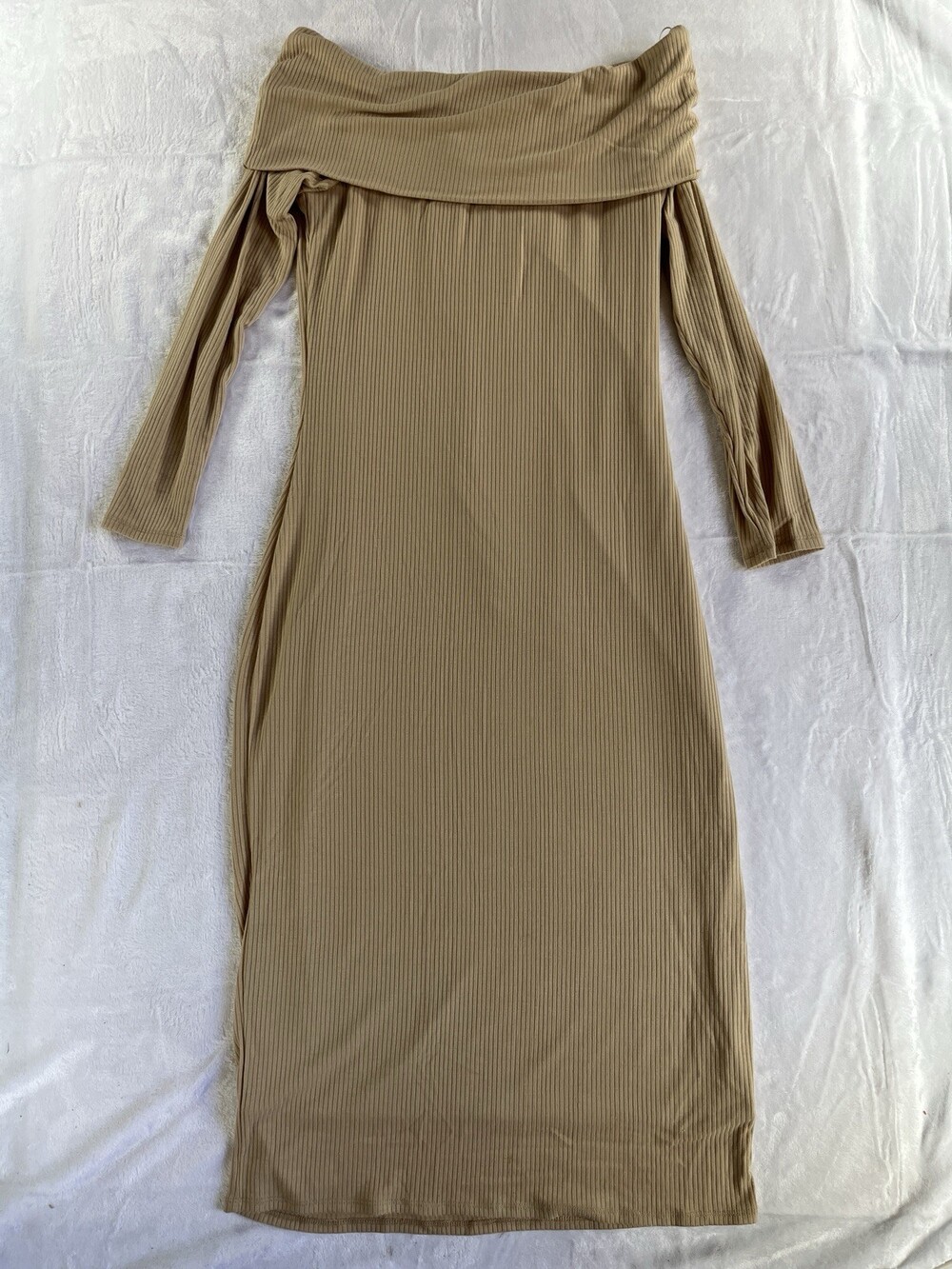 AndNowThis Ribbed Dress M Tan Off Shoulder Wedding Chic Quiet Luxury NWT Flaw
